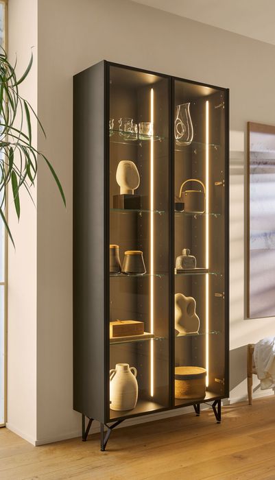 Ein schwarzer Vitrinenschrank mit beleuchteten Regalen, gefüllt mit dekorativen Objekten und Kunstwerken, steht in einem modernen Raum.